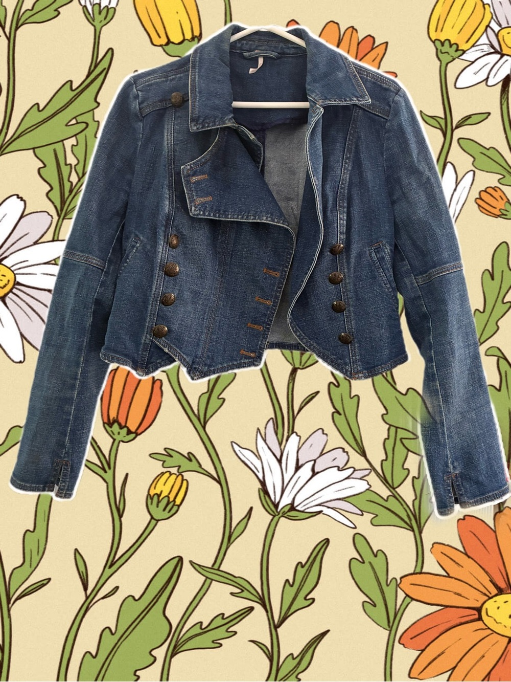 Free People Dark Blue Military-Style Cropped Denim Jacket
